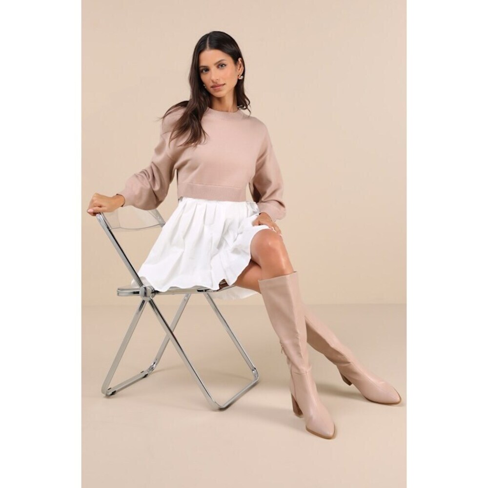 Lulus Contemporary Comfort Beige Layered Pleated Sweater Mini Dress - Size S